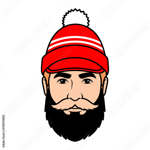 Cartoon Man with a Red Winter Hat and a Thick Beard