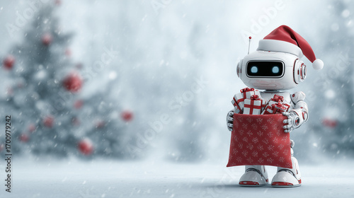 Cute robot in Santa hat holding gift sack in snowy forest
