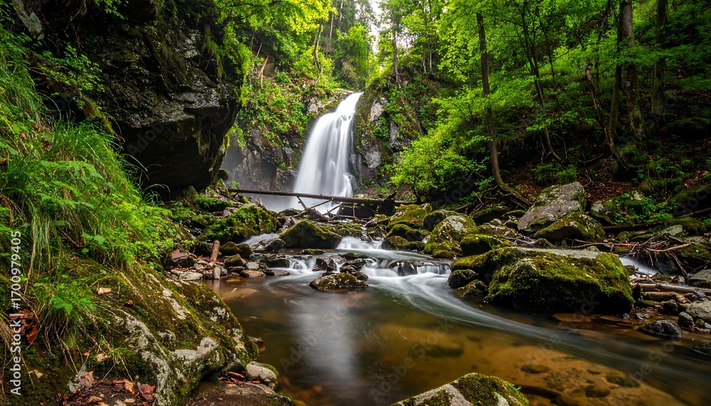 Fototapeta premium Lush forest setting with a cascading waterfall, flowing water, and mossy rocks.