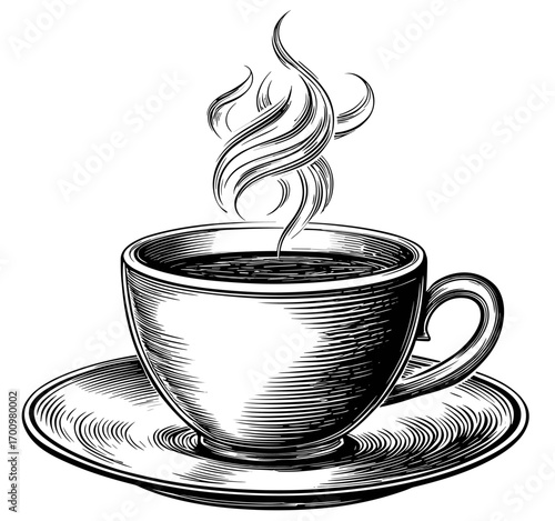 Elegant black and white line art illustration of a steaming cup of coffee, retro hand-drawn engraving style, clean vector design, sharp vector lines