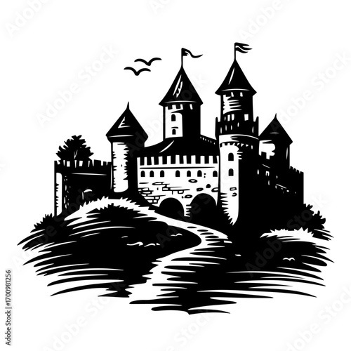 Medieval hilltop castle silhouette with tall towers and flying birds – vintage fortress emblem for heraldry, tourism or fantasy design