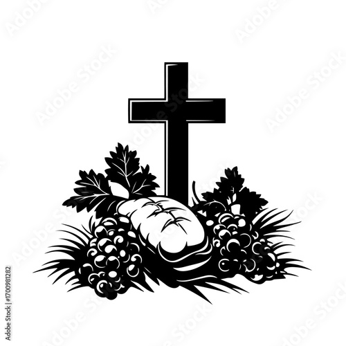 Christian cross with grapes bread and wheat silhouette – holy communion Eucharist symbol for church logos and religious designs