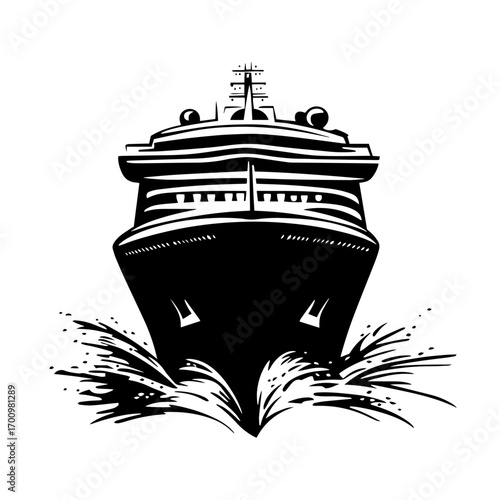 Ocean cruise ship bow cutting through waves silhouette – luxury liner travel icon for nautical tourism or vacation adverts