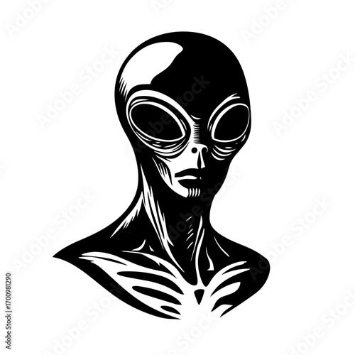 Mysterious extraterrestrial alien head silhouette with big oval eyes – sci‑fi visitor emblem for space conspiracy or UFO artwork
