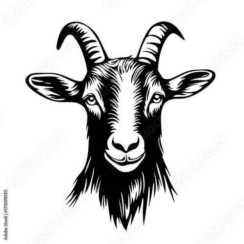 Realistic goat head silhouette with curved horns and beard – farm livestock portrait for agriculture or vintage logo design