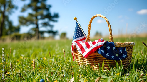 Picnic basket with US flag in grass, celebrating Labor Day outdo