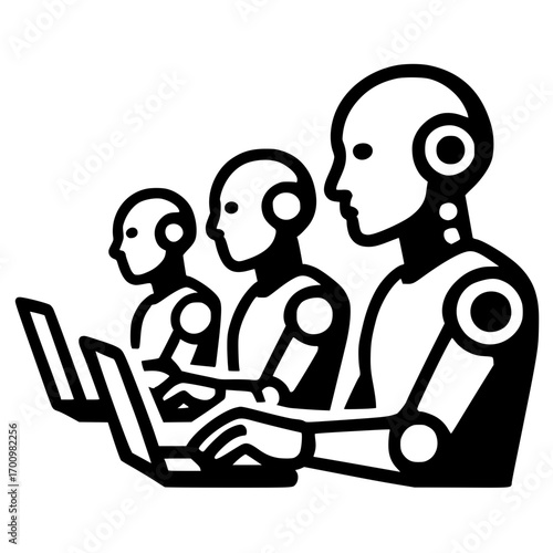 Robots collaborate on technology projects using laptops