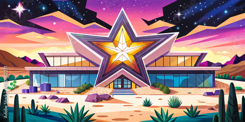 Star shaped futuristic villa in desert, geometric bold design glowing under dramatic night sky