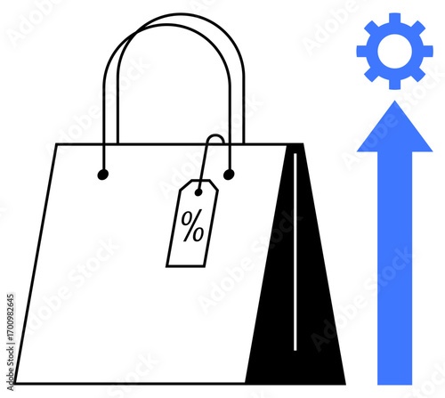 Shopping bag with percent tag, upward blue arrow, and gear icon illustrating sales growth, retail strategy, e-commerce, discount marketing. Ideal for business, planning, innovation analysis sales