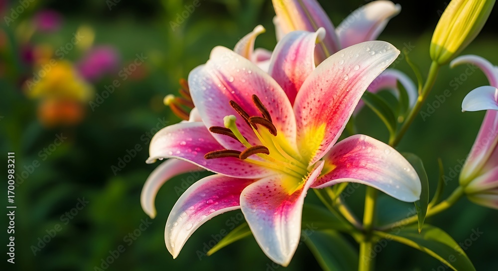 Fototapeta premium Stunning pink lily with dew drops and lush greenery, a beautiful macro shot of a vibrant floral
