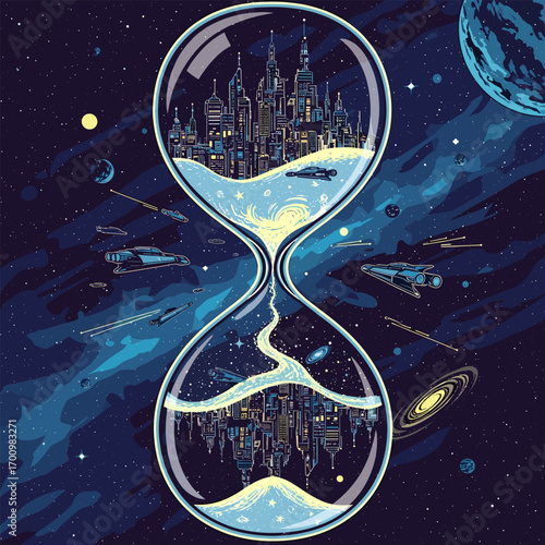 Hourglass Cityscape: A conceptual illustration of an hourglass reveals a surreal city, where time and urban landscapes collide within a mesmerizing cosmic expanse.