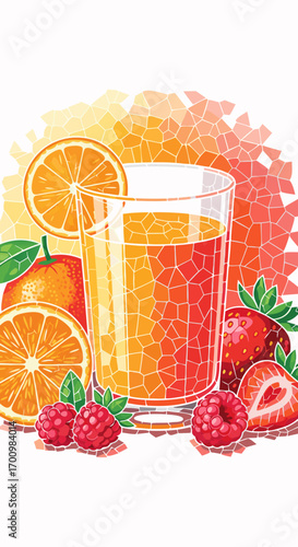A vibrant fruit juice composition in a modern mosaic style, isolated on a white background. Features a glass with orange slices, fresh strawberries, and raspberries. Ideal for clean, fresh designs.