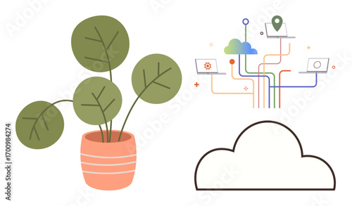 Potted plant with broad leaves, digital network connecting devices, location marker, and cloud graphic. Ideal for technology, innovation, sustainability, nature, organization cloud computing