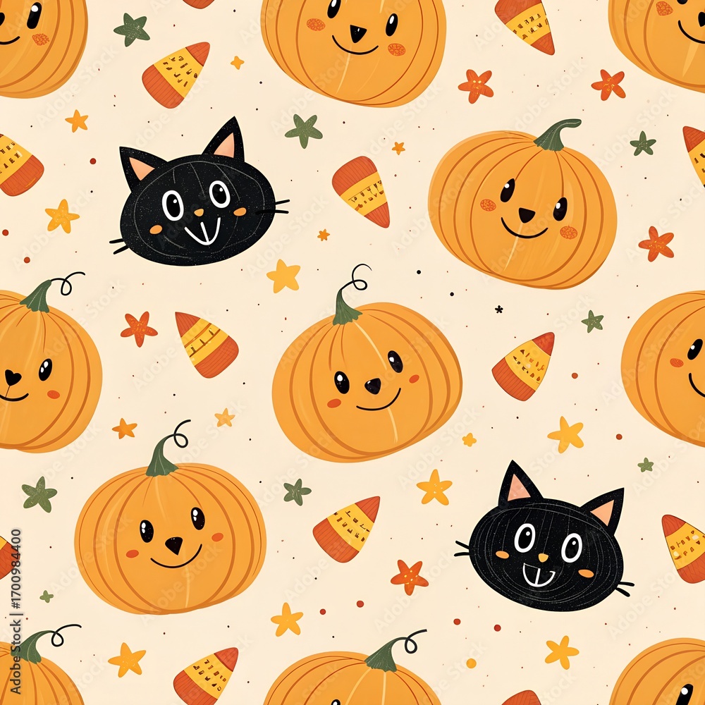 Halloween seamless pattern with pumpkins and  Cats Pattern
