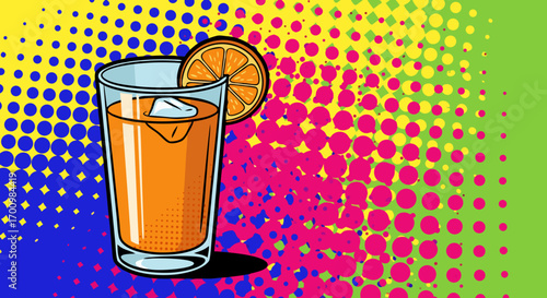 A pop art style vector illustration of a glass of fresh juice with a citrus slice. The background is a vibrant, multicolor design with blue, yellow, magenta, and green halftone patterns.