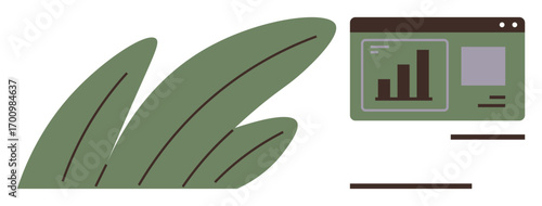 Abstract green leaves paired with an analytics screen featuring growth charts. Ideal for sustainability, eco-friendly strategies, technology innovation, environmental awareness, data growth