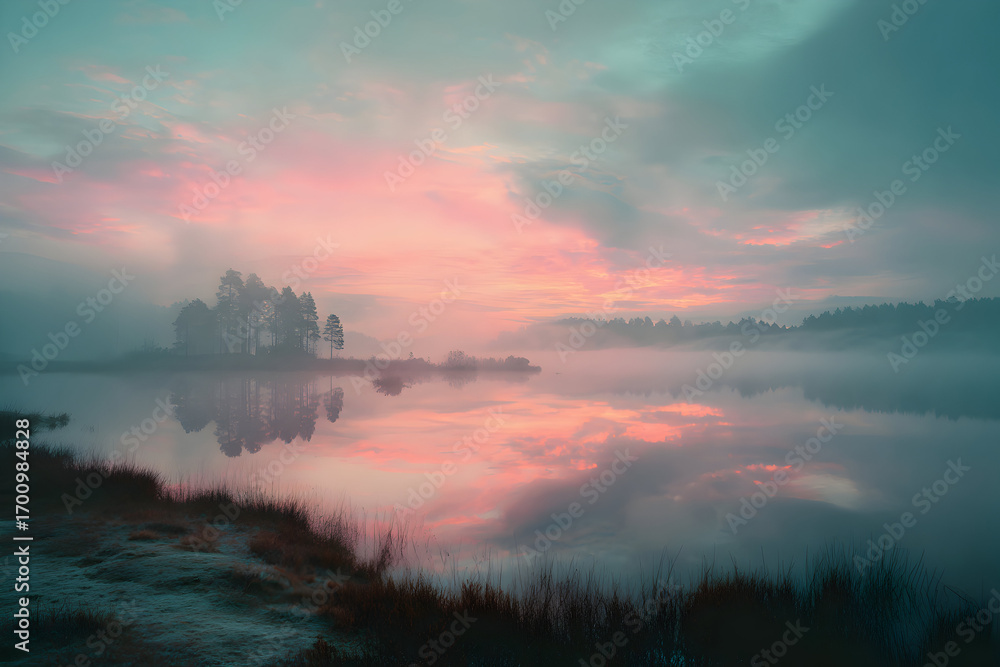 Fototapeta premium Foggy lake reflects the pastel sunrise sky, creating a serene and ethereal scene with a hint of frost on the foreground grass, evoking a sense of tranquility.