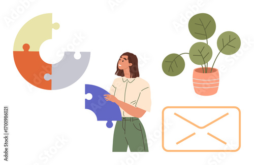 Young woman holding a puzzle piece near a partially assembled chart, potted plant, and mail envelope. Ideal for teamwork, problem-solving, creativity, organization, productivity, communication