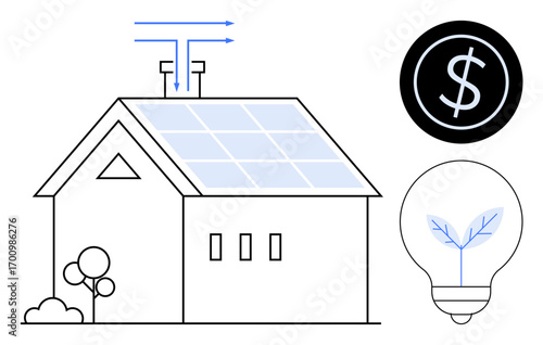 House with rooftop solar panels, environmental elements, dollar sign, and eco-lightbulb reflecting renewable energy, green living, financial savings, and sustainability. Ideal for energy, technology