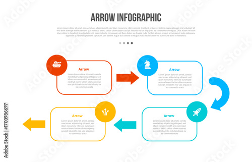 Arrow base shape infographics template diagram with circular round box with circle badge with 4 point step creative simple flat outline