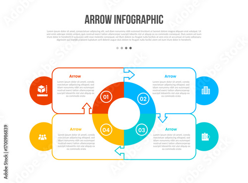 Arrow base shape infographics template diagram with big circle center and quadrant structure with 4 point step creative simple flat outline