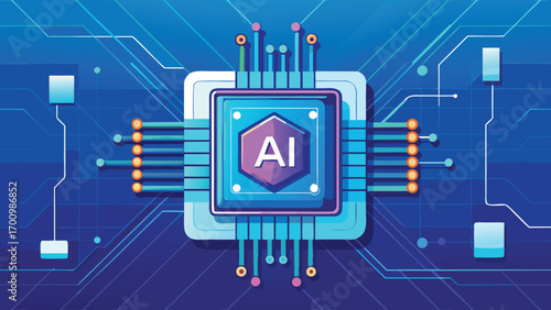 Futuristic Artificial Intelligence Microchip Illustration, Advanced AI Processor, Machine Learning, Data Science, and Digital Technology Concept