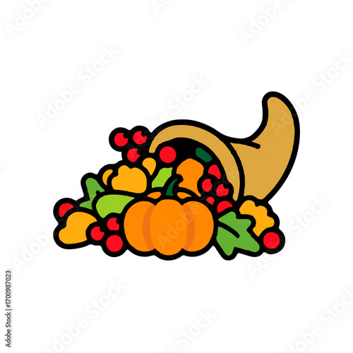 Cornucopia Overflowing with Harvest Fruits and Vegetables Illustration

