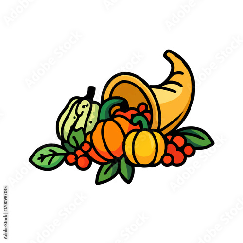 Cornucopia Overflowing with Harvest Fruits and Vegetables Illustration

