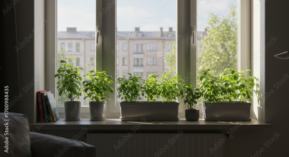 Fototapeta premium Sunlit Indoor Herb Garden on a Window Sill with Urban Background