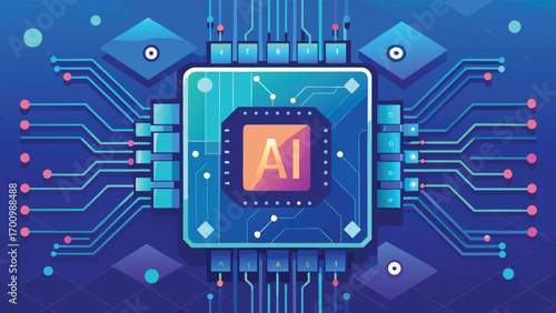 Futuristic Artificial Intelligence Microchip Illustration, Advanced AI Processor, Machine Learning, Data Science, and Digital Technology Concept