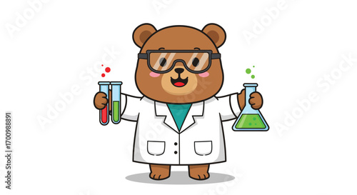 Scientist Bear Holding Test Tubes with Colorful Chemicals