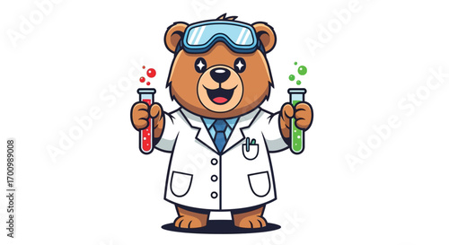Scientist Bear Holding Test Tubes with Colorful Chemicals