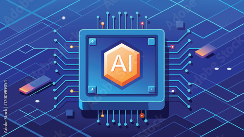 Futuristic Artificial Intelligence Microchip Illustration, Advanced AI Processor, Machine Learning, Data Science, and Digital Technology Concept