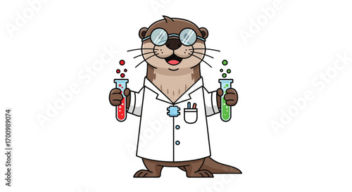 Scientist Otter Holding Test Tubes with Colorful Chemicals