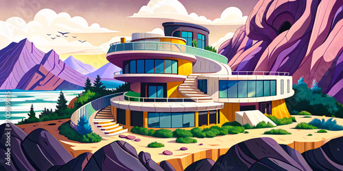 Spiral futuristic villa built into rocky cliff, geometric twisting architecture blending nature and innovation
