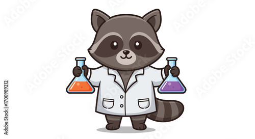 Scientist Raccoon Holding Test Tubes with Colorful Chemicals