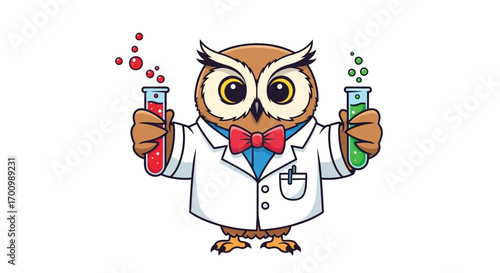 Scientist Owl Holding Test Tubes with Colorful Chemicals