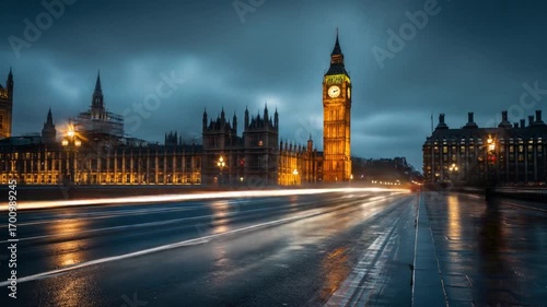 A captivating view of the Houses of Parliament at night, illuminated by streaks of light from moving vehicles.