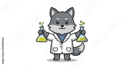 Scientist Wolf Holding Test Tubes with Colorful Chemicals