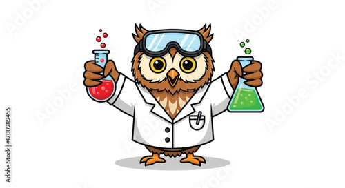 Scientist Owl Holding Test Tubes with Colorful Chemicals