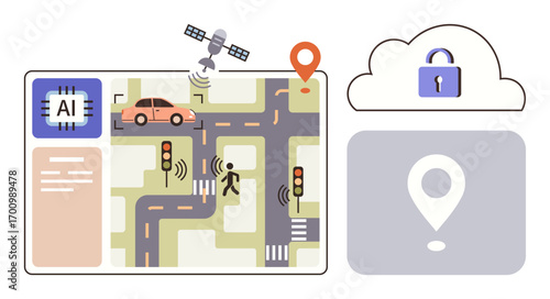 AI-based smart traffic system managing vehicles, pedestrians, and signals. Features satellite navigation, location markers, and secured cloud data. Ideal for automation, connectivity, urban planning