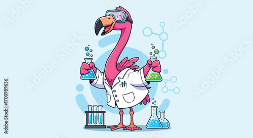 Scientist Flamingo Holding Test Tubes with Colorful Chemicals