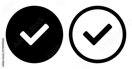 A pair of monochrome vector circular checkmark icons, one filled and one outlined, designed for user interface elements, web forms, and UX/UI design projects.