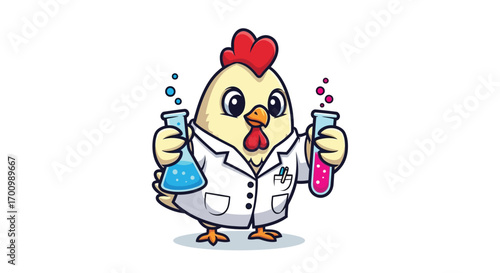 Scientist Chicken Holding Test Tubes with Colorful Chemicals