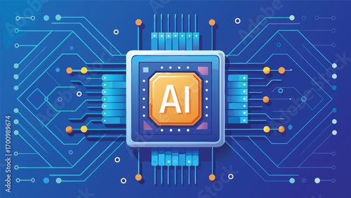 Futuristic Artificial Intelligence Microchip Illustration, Advanced AI Processor, Machine Learning, Data Science, and Digital Technology Concept