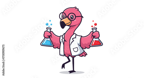 Scientist Flamingo Holding Test Tubes with Colorful Chemicals