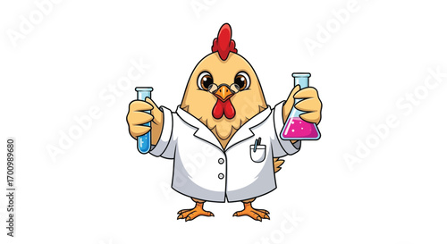 Scientist Chicken Holding Test Tubes with Colorful Chemicals