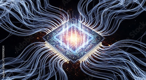 Diamondshaped CPU with vibrant data streams and glowing core symbolizing advanced AI technology.