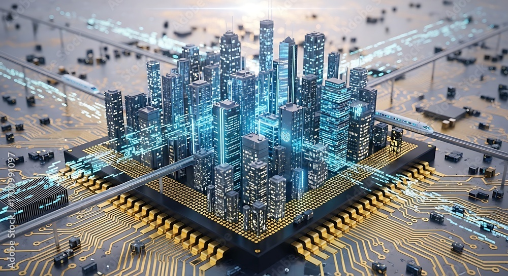 Fototapeta premium Digital City Built on a Microchip Futuristic Metropolis on Circuit Board.