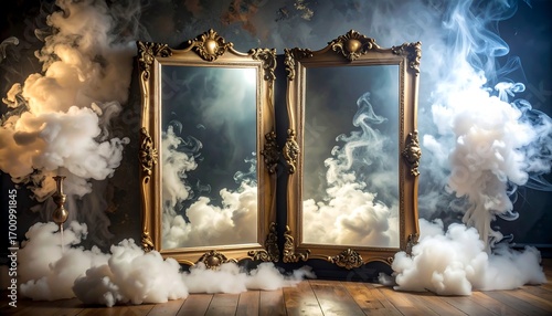 Ornate gold-framed mirrors reflect dramatic clouds of white smoke, creating a captivating and ethereal scene.